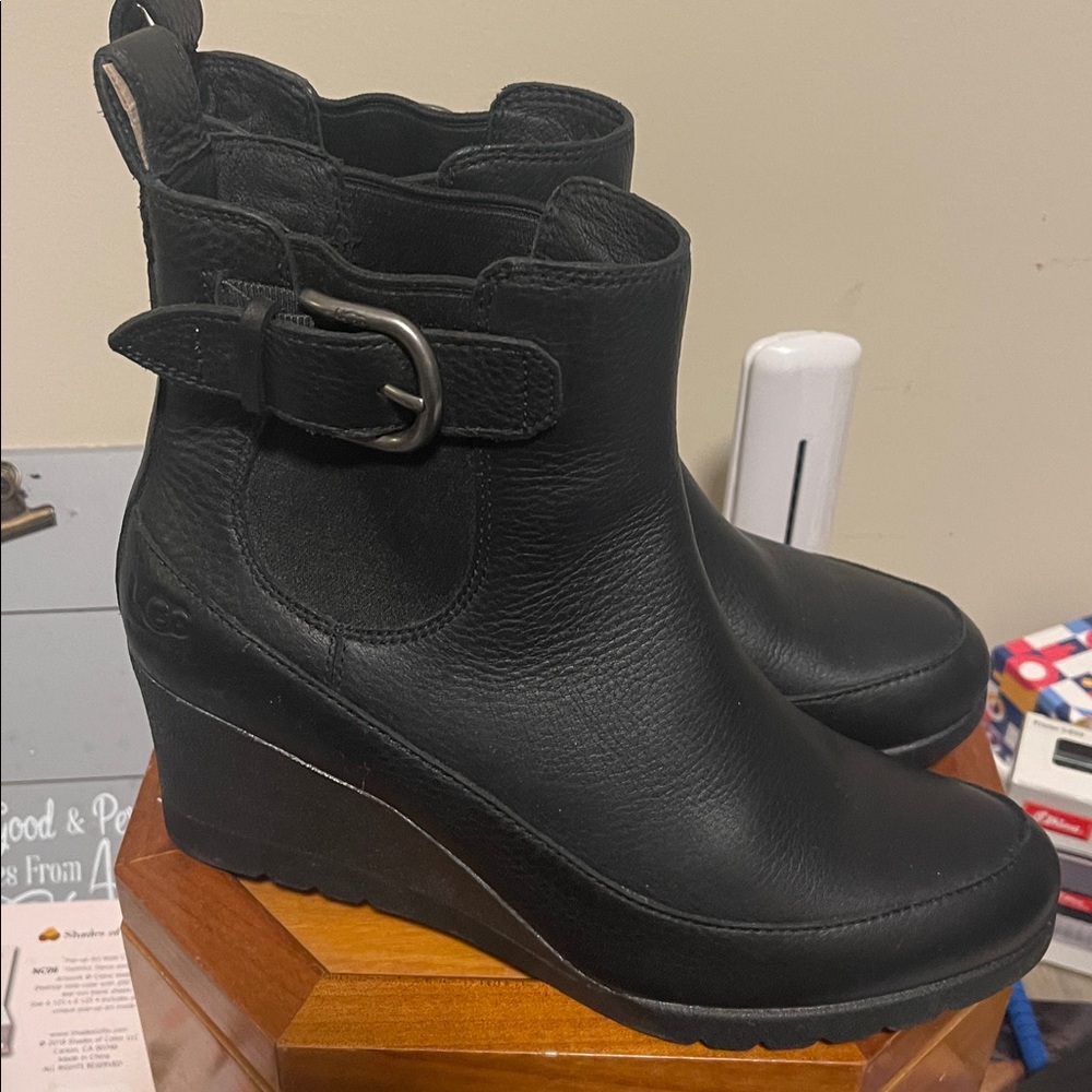 UGG Black Leather Wedge Boots